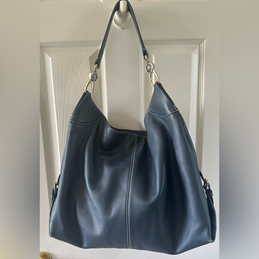DOONEY & BOURKE Logo Lock Navy Blue Pebbled Leather Large Shoulder Bag Dust Bag